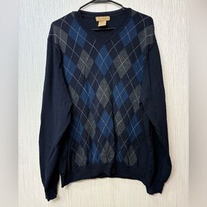 Mario Gilberti VNeck Argyle Sweater Preppy Academia 100%Extra Fine Merino wool L